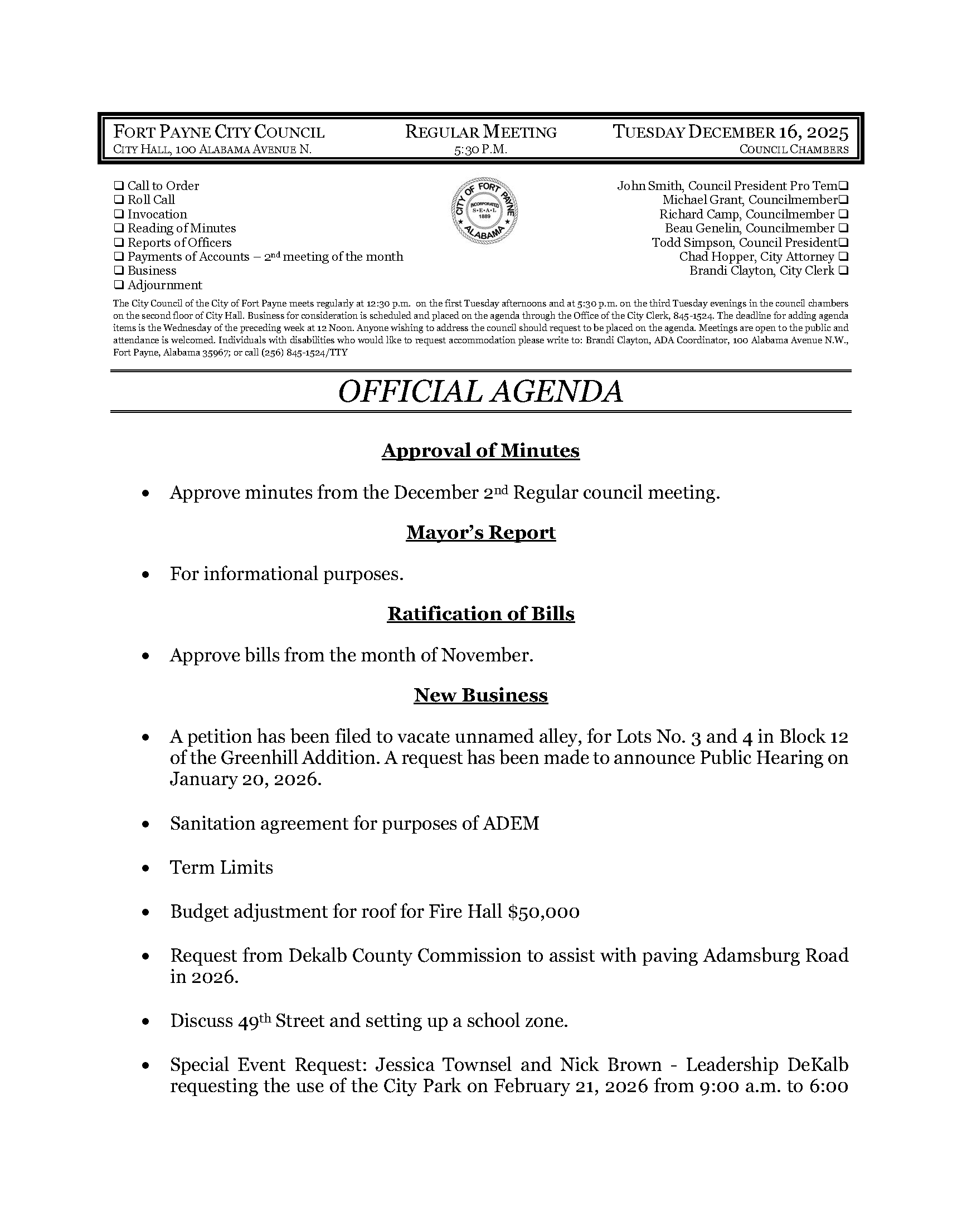 City Council Meeting Agenda