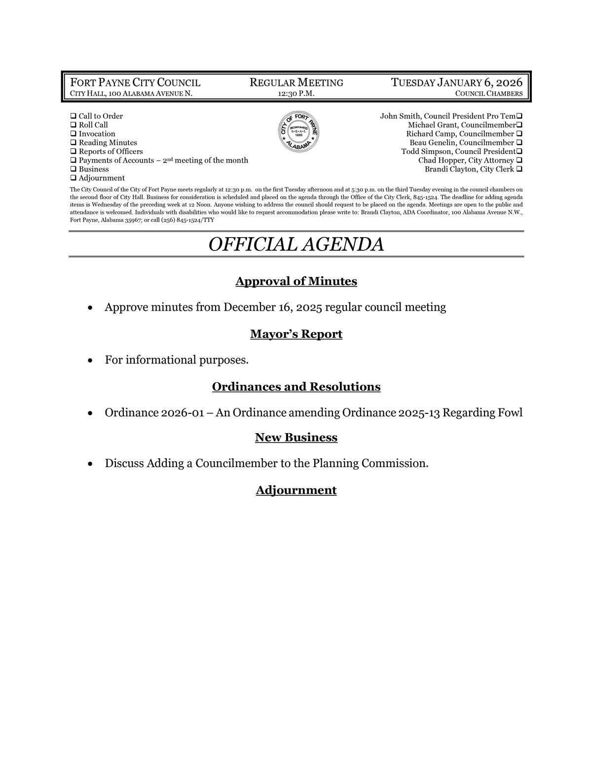 2026-01-06 Regular Meeting Agenda
