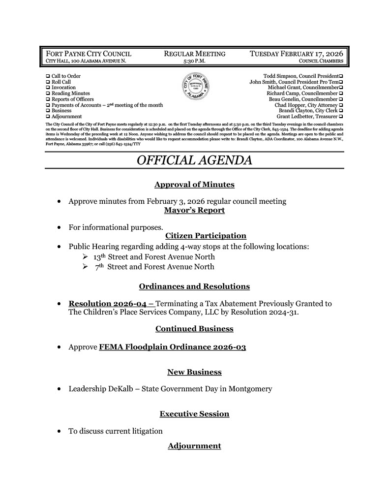 City Council Meeting Agenda