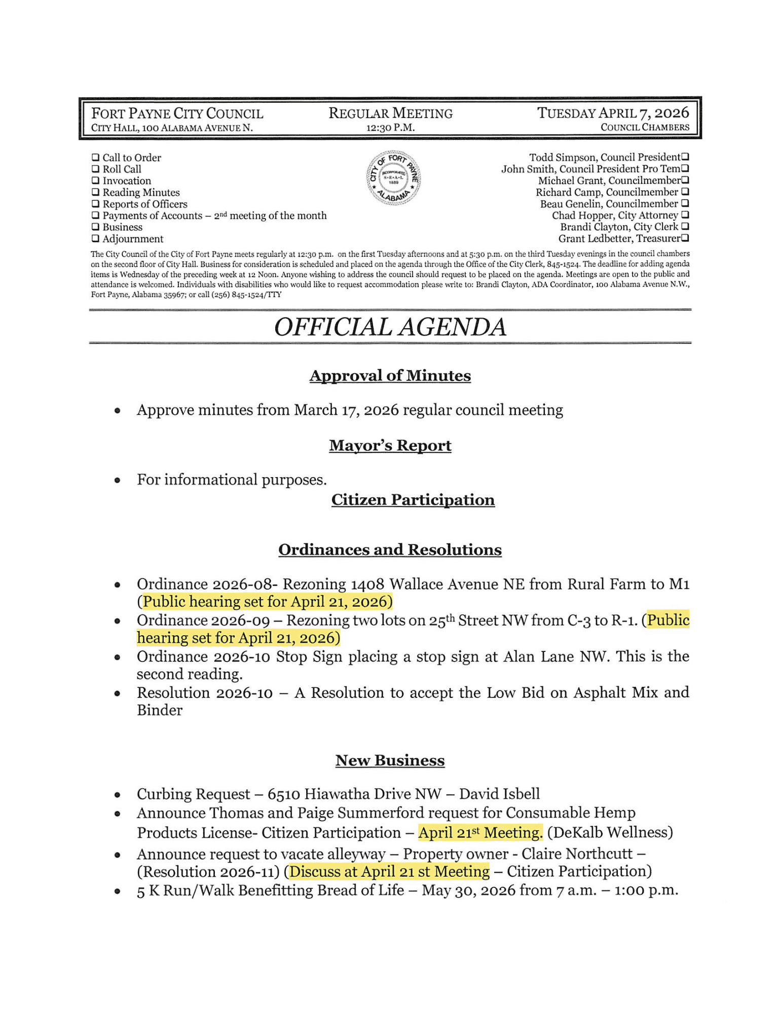 City Council Meeting Agenda